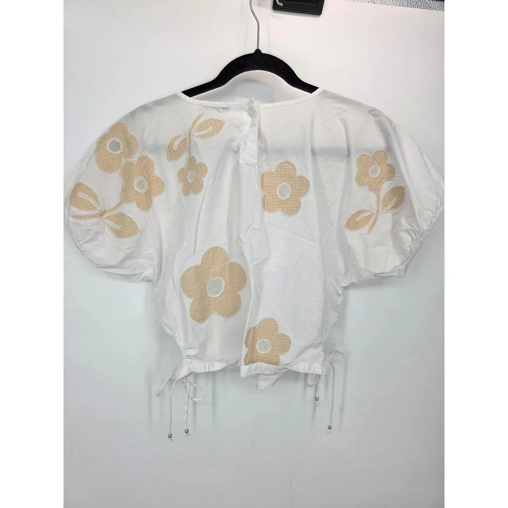 Madewell White Embroidered Flower Poplin Puff Sleeve Cutout Crop top Size Medium
